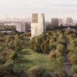 Proposed Obama Presidential Center in Jackson Park looming over Olmsted’s iconic landscape and the Museum of Science and Industry. Rendering Credit: Obama Foundation
