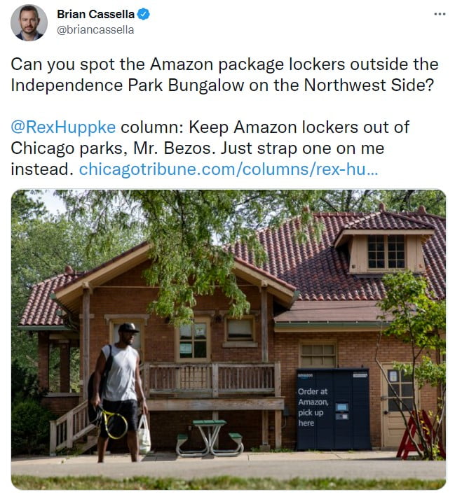 Can you spot the Amazon package lockers outside the Independence Park Bungalow on the Northwest Side? Amazon package lockers, shown on Aug. 23, 2021, are outside the Independence Park Bungalow near the tennis courts, on the Northwest Side. Photo credit: Brian Cassella / Chicago Tribune