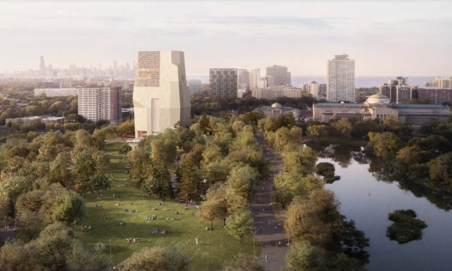 Proposed Obama Presidential Center in Jackson Park looming over Olmsted's iconic landscape and the Museum of Science and Industry. Rendering Credit: Obama Foundation