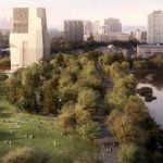 Proposed Obama Presidential Center in Jackson Park Towering Over the Museum of Science & Industry and Lagoons © Obama Foundation