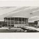 Seven Continents Building / O’Hare Rotunda Building, exterior rendering. Courtesy Gertrude Lempp Kerbis Archive, Ryerson and Burnham Archives, The Art Institute of Chicago